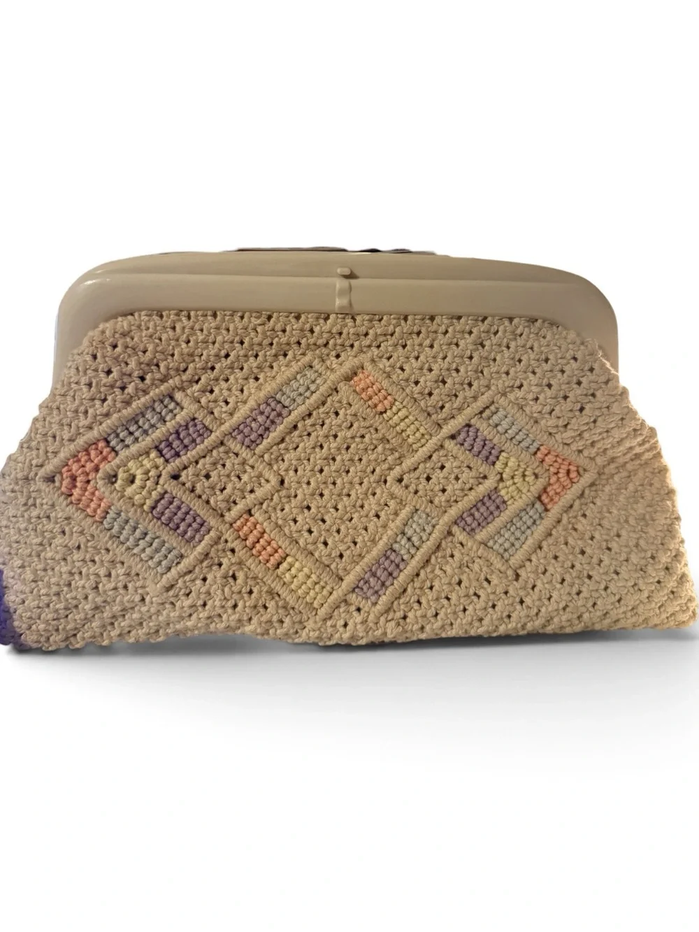 Vintage 1970s Crochet Clutch Pastel Geometric Made in China